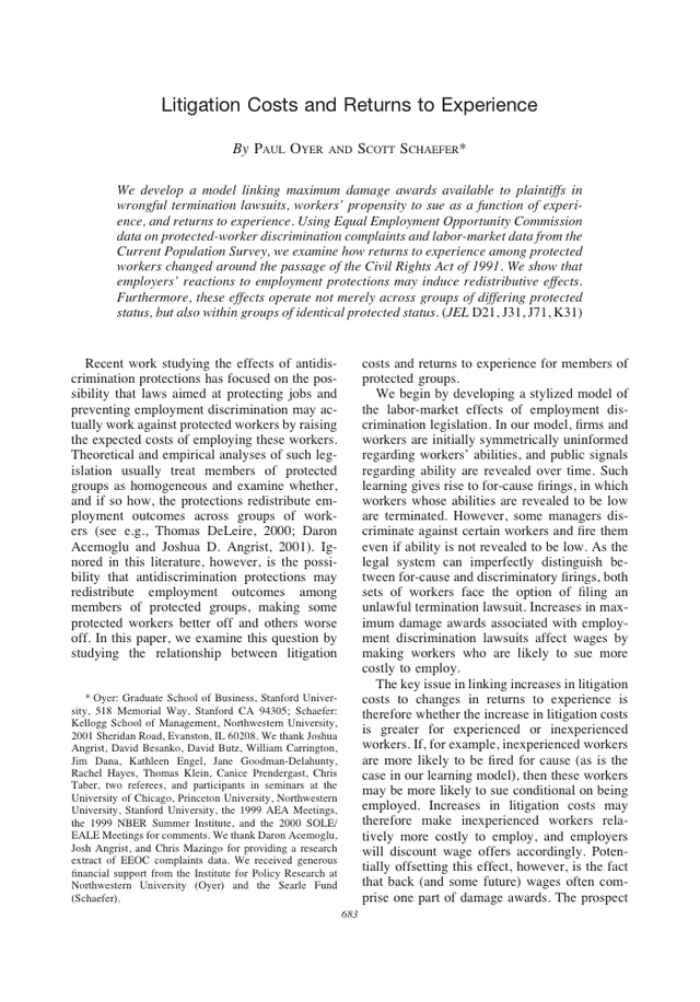 First page of Litigation Costs and Returns to Experience